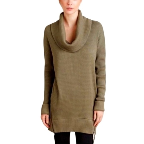 Anthropologie | Pure+Good Cowlneck Waffle Knit Olive Green Tunic Sweater - Picture 1 of 12